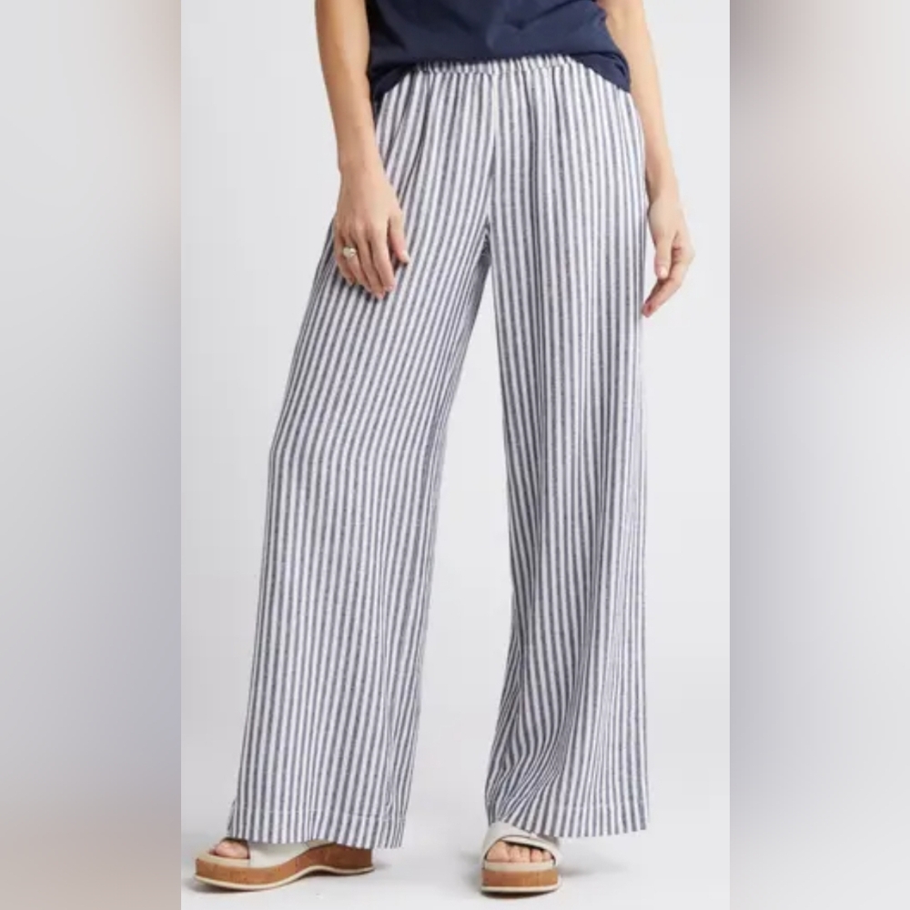 NWT Caslon Navy / White Striped Wide-Leg Linen-Blend Pants Nautical Beachy Large